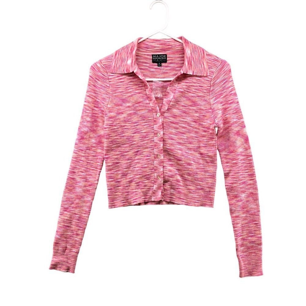 NWOT Lightweight‎ Ribbed Pink Y2K Style Cardigan Collared Womens Medium M Fitted